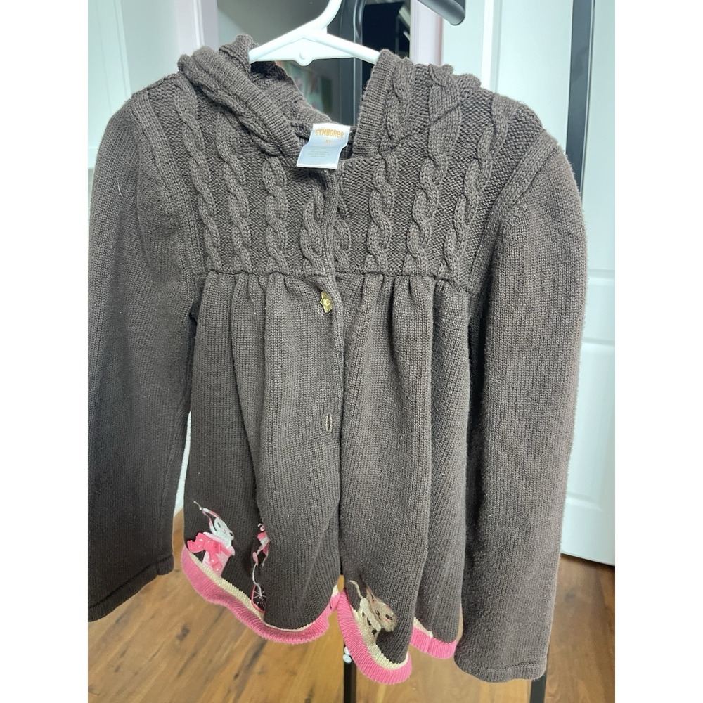 Gymboree Girls 5T Brown/Pink Cable-Knit Hooded Cotton Cardigan, Button Mouse